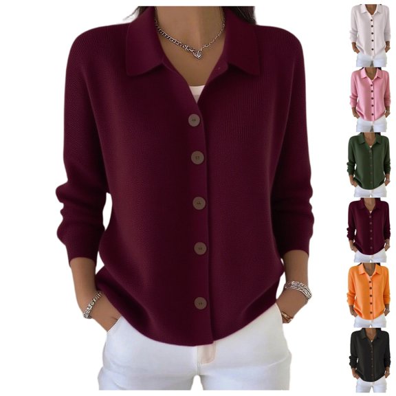 Womens Button Up Cardigan Sweaters Chunky Knit Long Sleeve Lapel Collared Tops Fall Winter Fashion Clothes Outfits