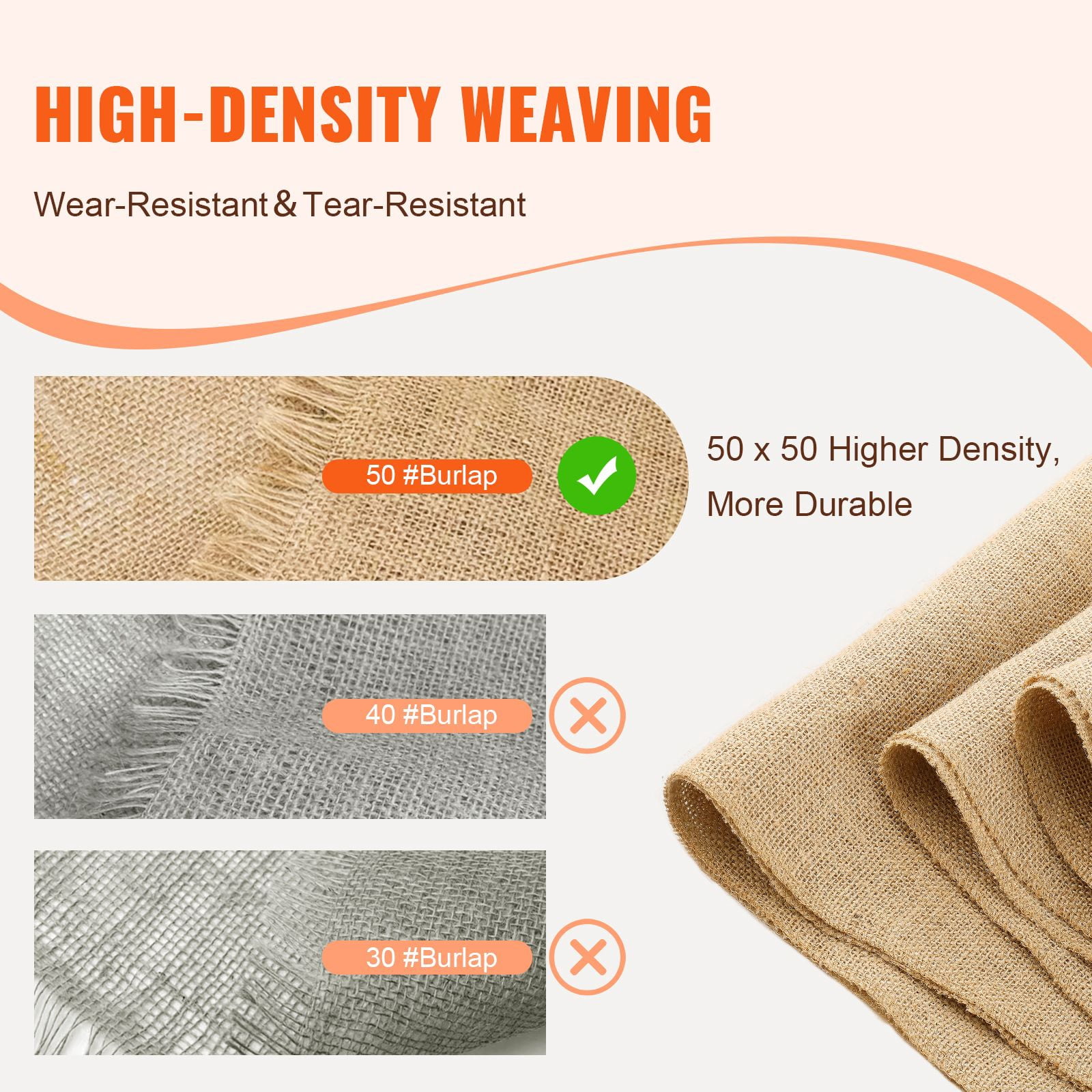 Burlap Roll 14x30ft, 100% Natural Jute Fiber with 50x50 Density, 270g Weight, Fray-Resistant Edges, Rustic Home Decoration for Weddings and Gardening