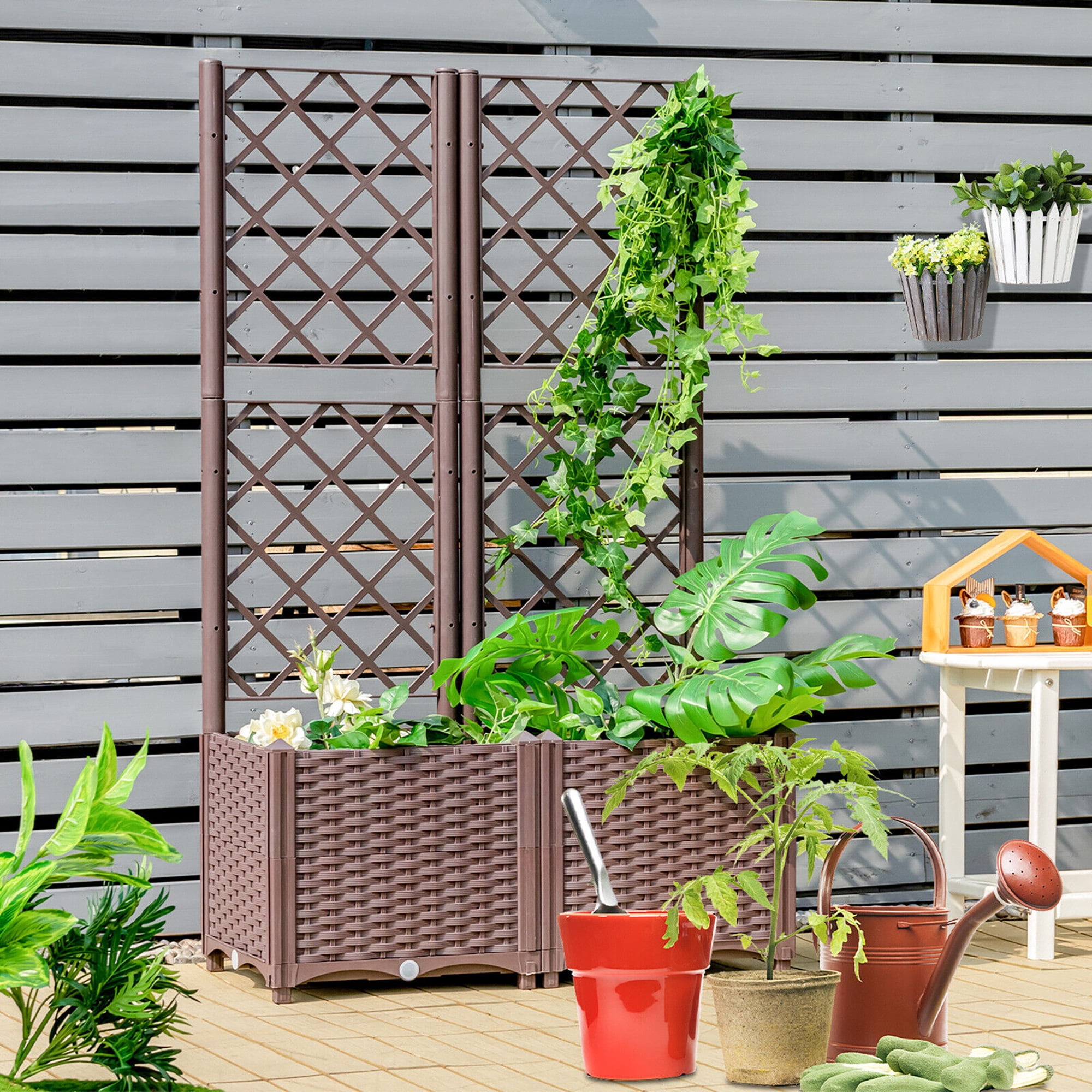 Gymax Raised Garden Bed w/Trellis Planter Box for Climbing Plants 32'' x 16'' x 53''