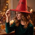 thumbnail image 5 of Halloween Witch Hat Oxford Fabric with Mesh Netting, Pointed Cone Costume Hat with Wide Brim, Wizard Headwear for Party Dress Up Cosplay Event Red, 5 of 6
