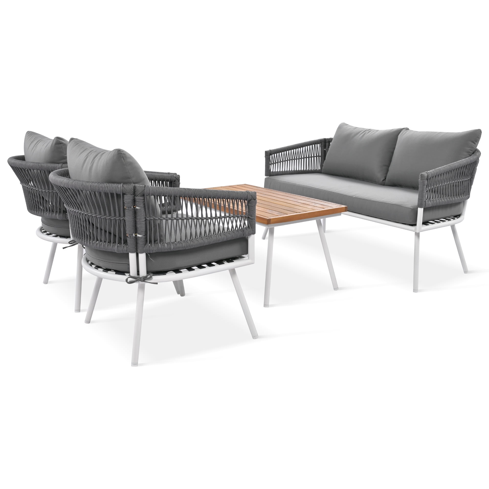 Aimee Lii 4-Pieces Boho Patio Furniture Set, Patio Conversation Set with Acacia Wood Table and Thick Cushion, Outdoor Furniture for Backyard Porch Balcony, Gray Aimee Lii 4-Pieces Boho Patio Furniture Set, Patio Conversation Set with Acacia Wood Table and Thick Cushion, Outdoor Furniture for Backyard Porch Balcony, Gray