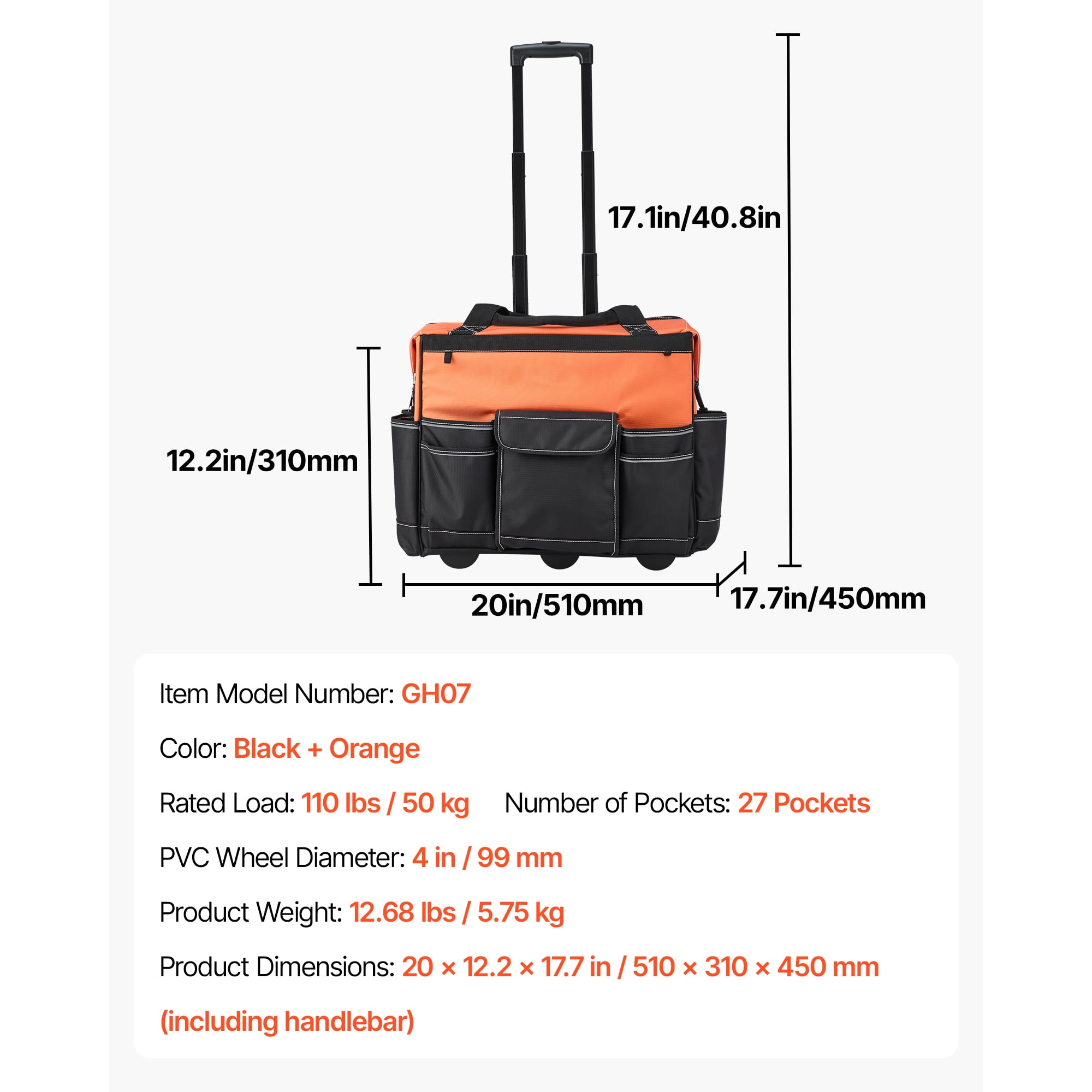 KFFKFF Rolling Tool Bag with 110 lbs Capacity, 27 Pockets, Durable Design with Wheels, Adjustable Handle and Stable Base, Ideal for Construction and Mechanic Tool Organization
