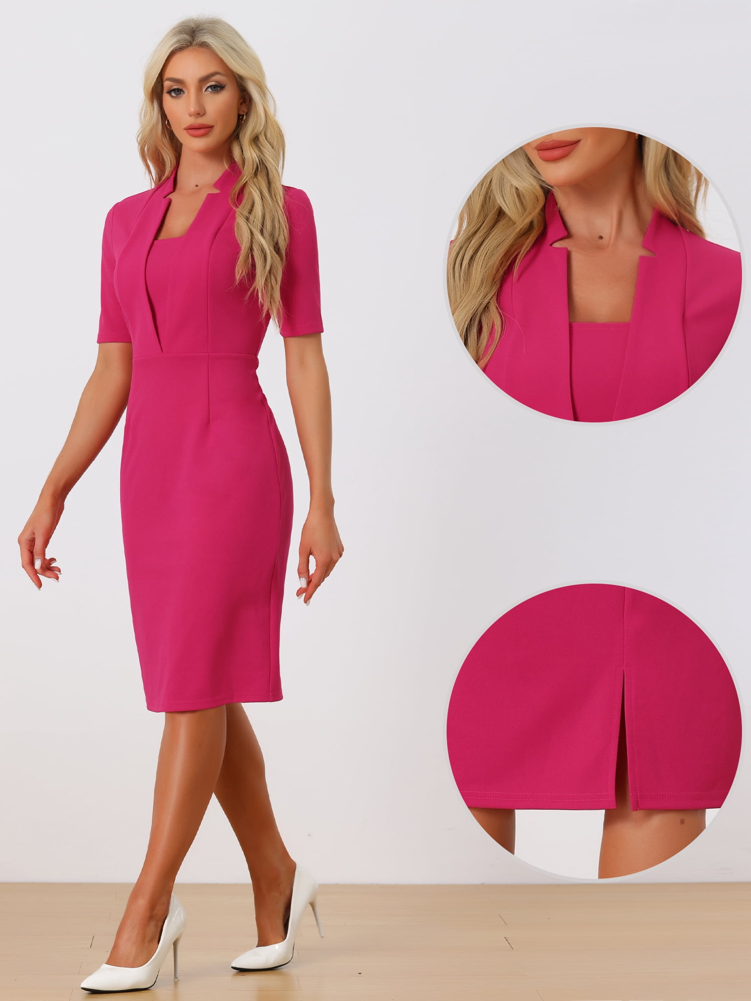 DARING DIVA Sheath V Neck Work Office Bodycon Midi Dresses XS Fushcia