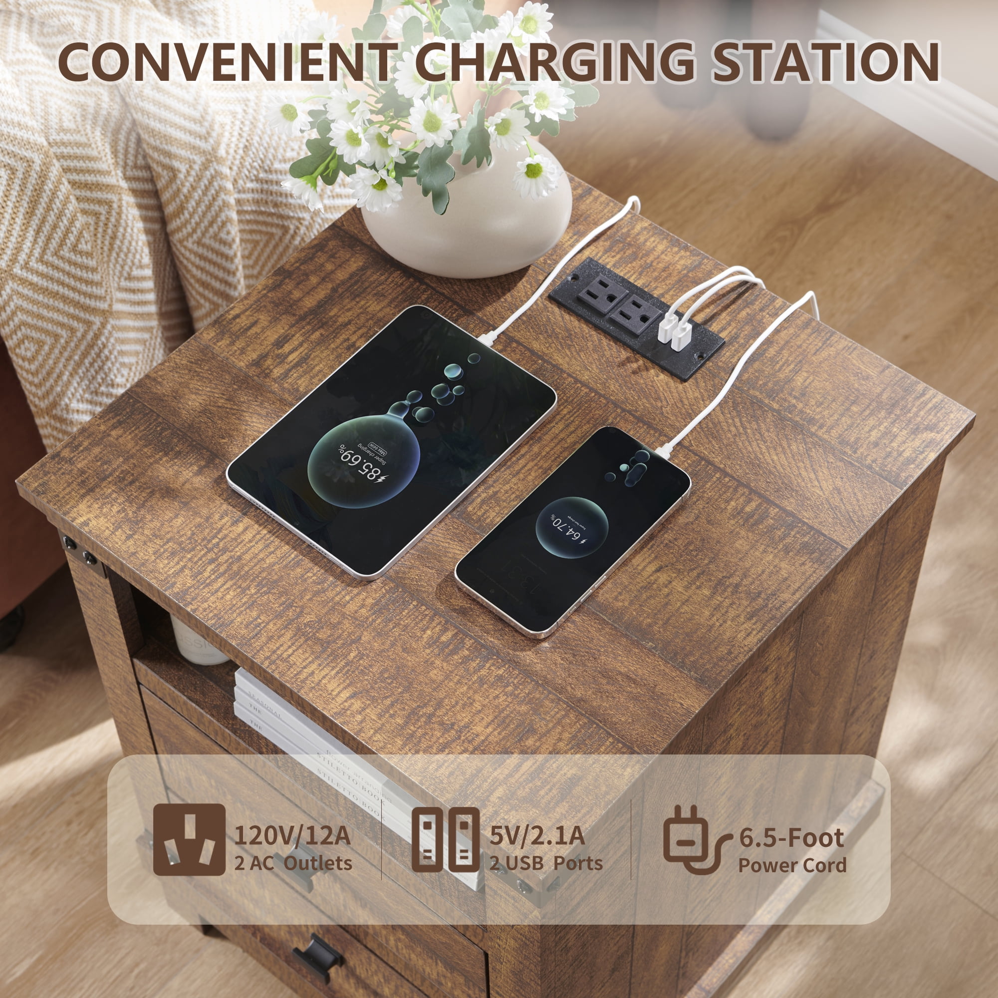 KeyWhat Farmhouse 18" Nightstand with Charging Station, Rustic Metal Wood End Table with Open Storage Shelf, Reclaimed Barnwood
