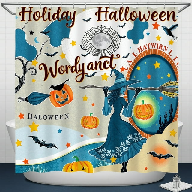 Whimsical Halloween Shower Curtain with Witch, Bats & Pumpkins - Vintage Style