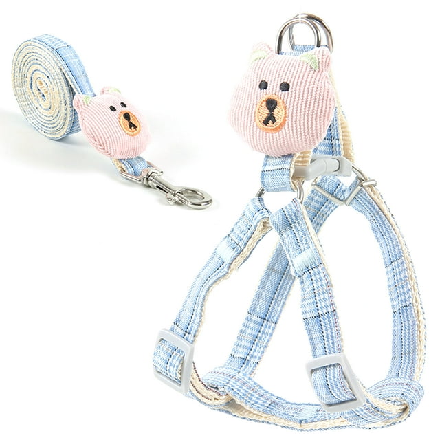 Arnés para perros y gatos con correa ajustable y transpirable de dibujos animados, cuerda de tracción para perros pequeños, medianos y gatos, 1,2 m/3,9 pies, color marrón y azul, talla S. Recomendado.