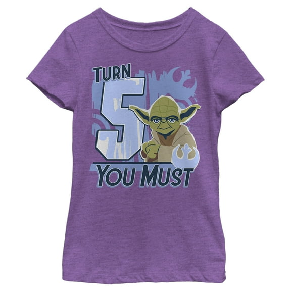 Girl's Star Wars Yoda Turn 5 You Must Rebel Logo Portrait  Graphic Tee Purple Berry Small