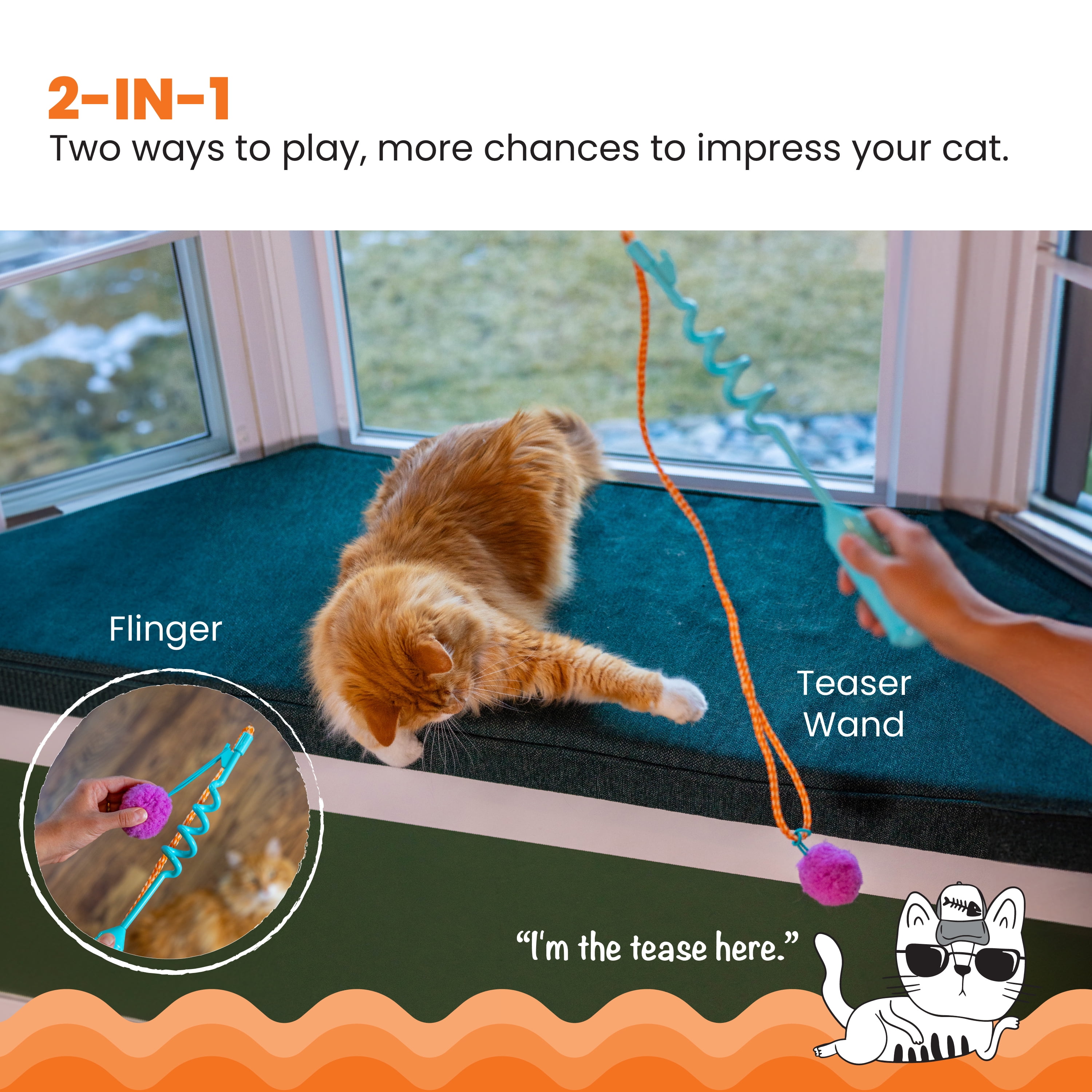 Catstages Cat-apult Spring Wand Durable and Interactive Teaser with Flinger Clip & Two Cat Toys, Catnip Toy & PomPom Ball, Blue