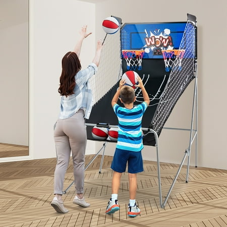 Costway - Dual Shot Basketball Arcade Game with 8 Game Modes Electronic Scoring - Blue