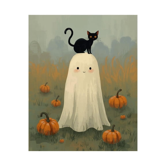 Ghost Black Cat Pumpkin Patch Wall Art Print
