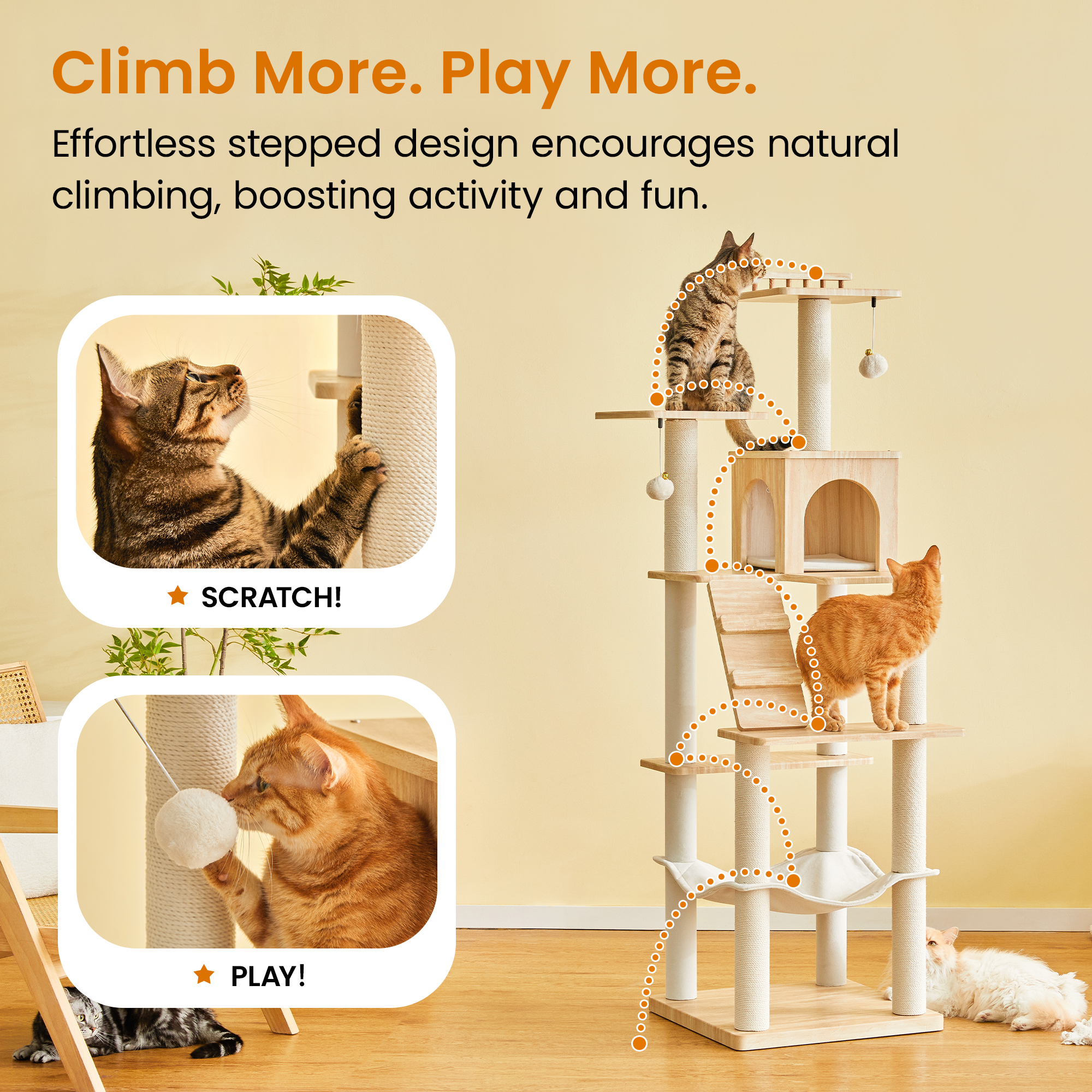 MWPO Modern Cat Tree - 64 inch Cat Tower for Indoor Cats, Multi-Level Cat Condo with 7 Fully Wrapped Scratching Posts, 2 Perches, Hammock, Removable Pad & Dangling Balls-Light Brown