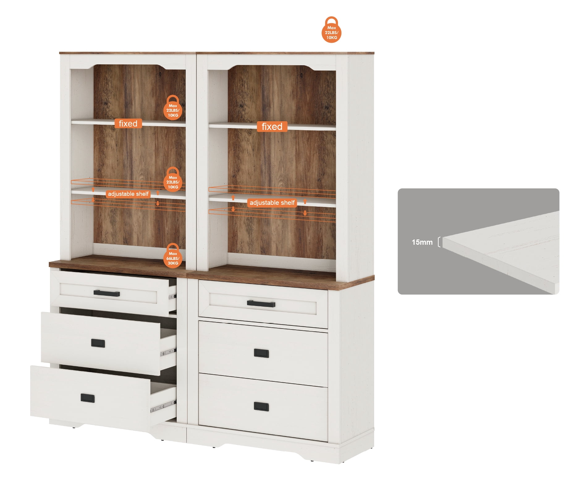 WAMPAT 2 Column 3 Tier Bookcase with Drawer,73.3" Tall Floor Standing Bookshelf,Modern Farmhouse Display Storage Cabinet with Adjustable Shelves,Rustic White