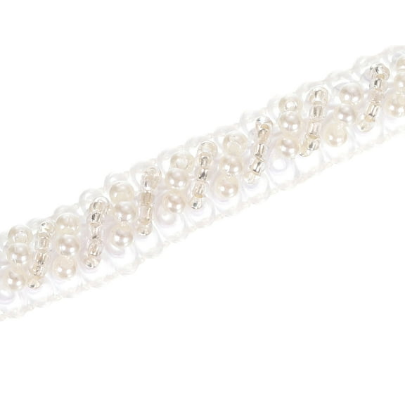 Uxcell 5 Yard  3mm OD 0.43" Wide Faux Pearl Lace Ribbon White Silver 5Pack