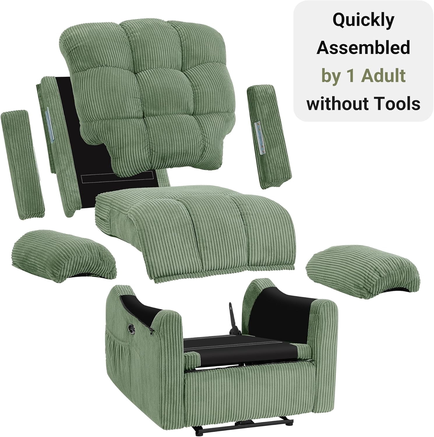 Neche Electric Recliner Chair, Comfy Lay Flat Sofa for Small Spaces, Living Room, One Box, Green
