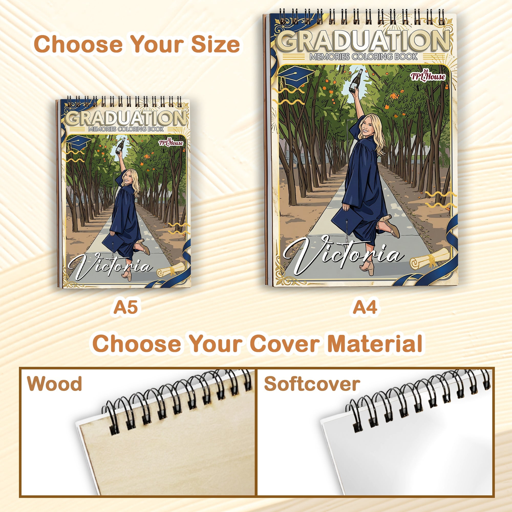 Personalized Graduation Coloring Book for Adults, Custom Coloring Pages from Your Graduation Photos, 12–48 Pages, Class of 2026 Gifts, Premium Wooden Cover, Spiral Binding