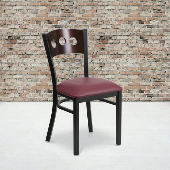 BizChair 2 Pk. Black 3 Circle Back Metal Restaurant Chair - Walnut Wood Back, Burgundy Vinyl Seat