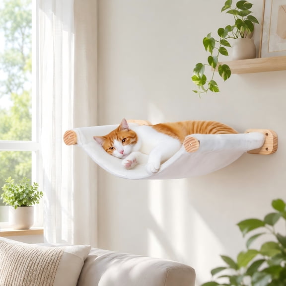 PELUOMOZ Cat Wall Hammock, Dual-Sided Wall Mounted Cat Bed with Canvas and Plush Fabric, Cat Shelf Perch for Large Cats