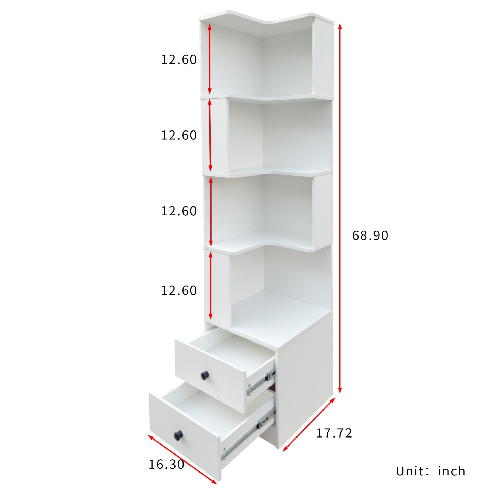 Corner Bookshelf with Drawers, 4 Tier L Shaped Corner Shelf with LED Lights, Small Space Corner Bookcase Storage Organizer for Living Room Bedroom Office, White