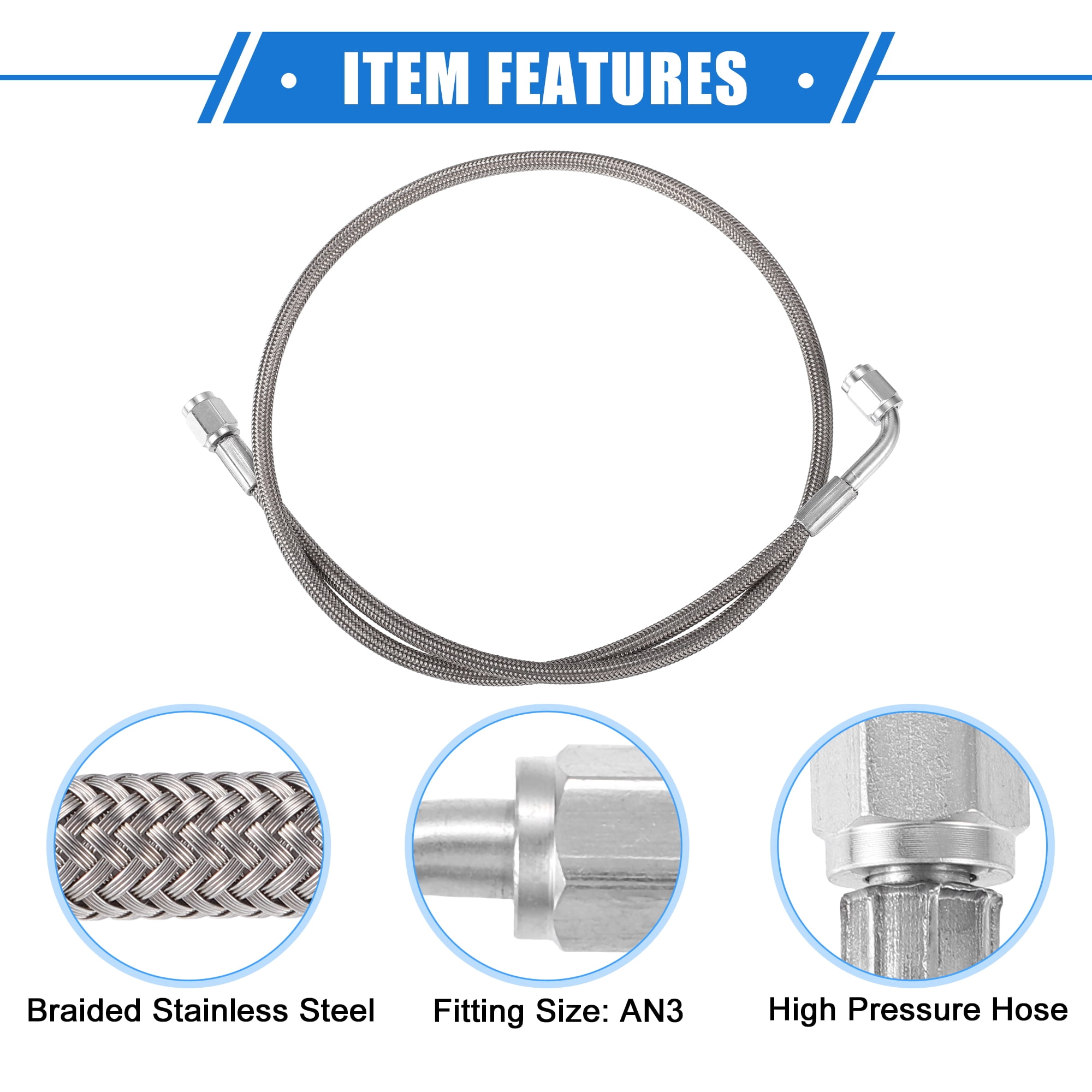 Unique Bargains AN3 Braided Steel Turbo Oil Feed Line 90 Degree to Straight Hose End 32"