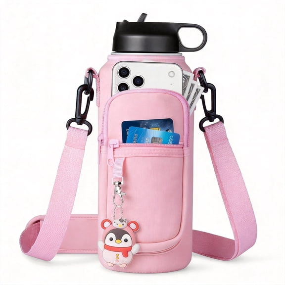 40 oz Water Bottle Holder with Strap and Storage Pocket, Protective Neoprene Bottle Sling Bag for Hiking, Camping, and Travel, Fits Most Large Insulated Water Bottles Pink