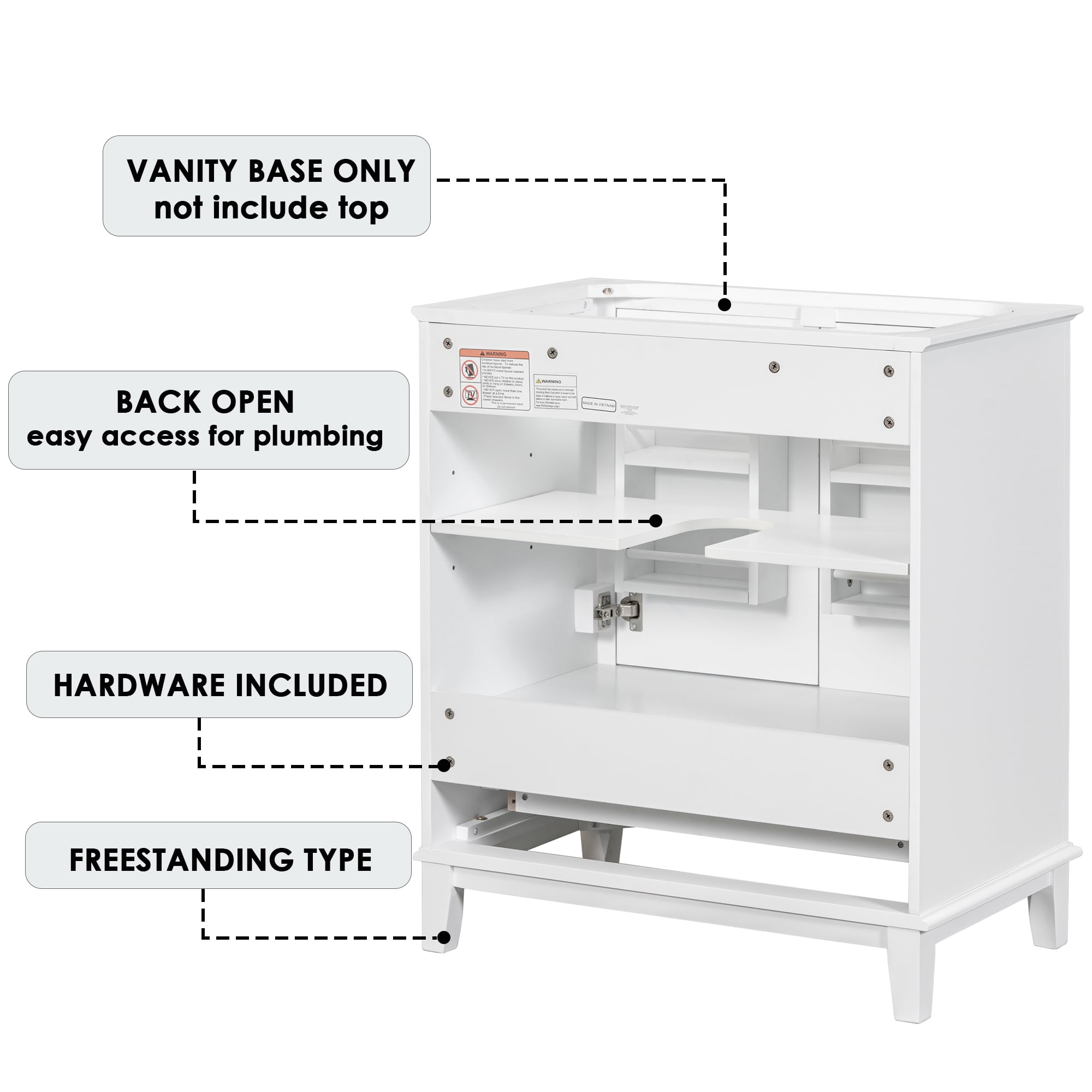 MAYEERTY 30" Bathroom Vanity without Sink Multi-functional Cabinet Doors Drawer Solid Frame MDF White