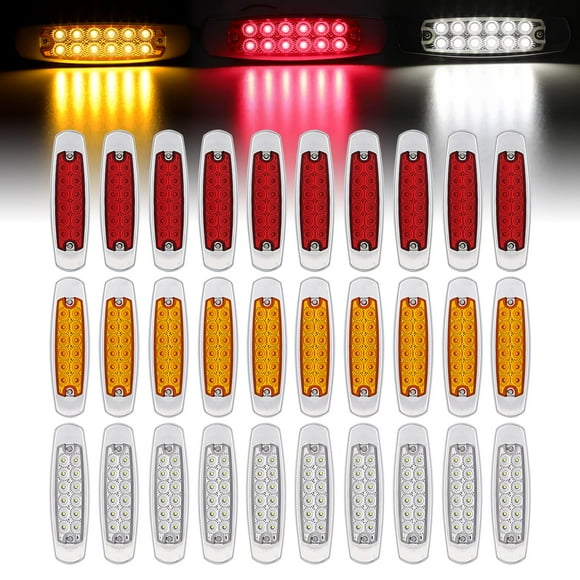 LEDVILLAgE 30 Pcs 12V Dc 64 Inch 10 Amber 10 Red 10 White 12 LED Side Marker Lights Trailer Truck SUV chrome Bezel