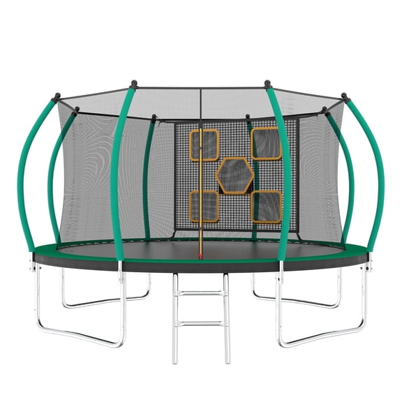 SaveJoy 12FT Trampoline for Kids and Adults, Outdoor Backyard Recreational Trampoline with Safety Enclosure Net & Ladder, Black & Green