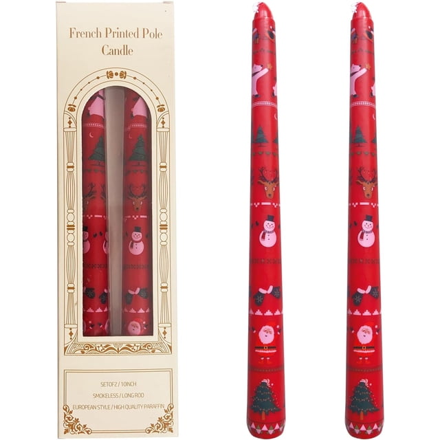 Topsics Christmas Taper Candles Decorative, 10 Inch Red Tall Candle Set of 2, Snowman,Elk,Christmas Tree Patterns, Dinner Table Decorations Christmas Party Decor (Red)