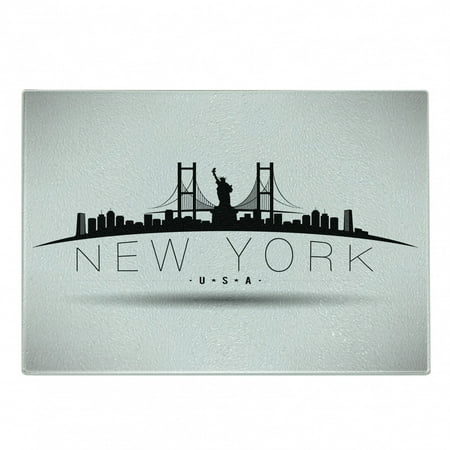 

NYC Cutting Board New York USA Calligraphy with Brooklyn Bridge Liberty Silhouettes Decorative Tempered Glass Cutting and Serving Board in 3 Sizes by Ambesonne