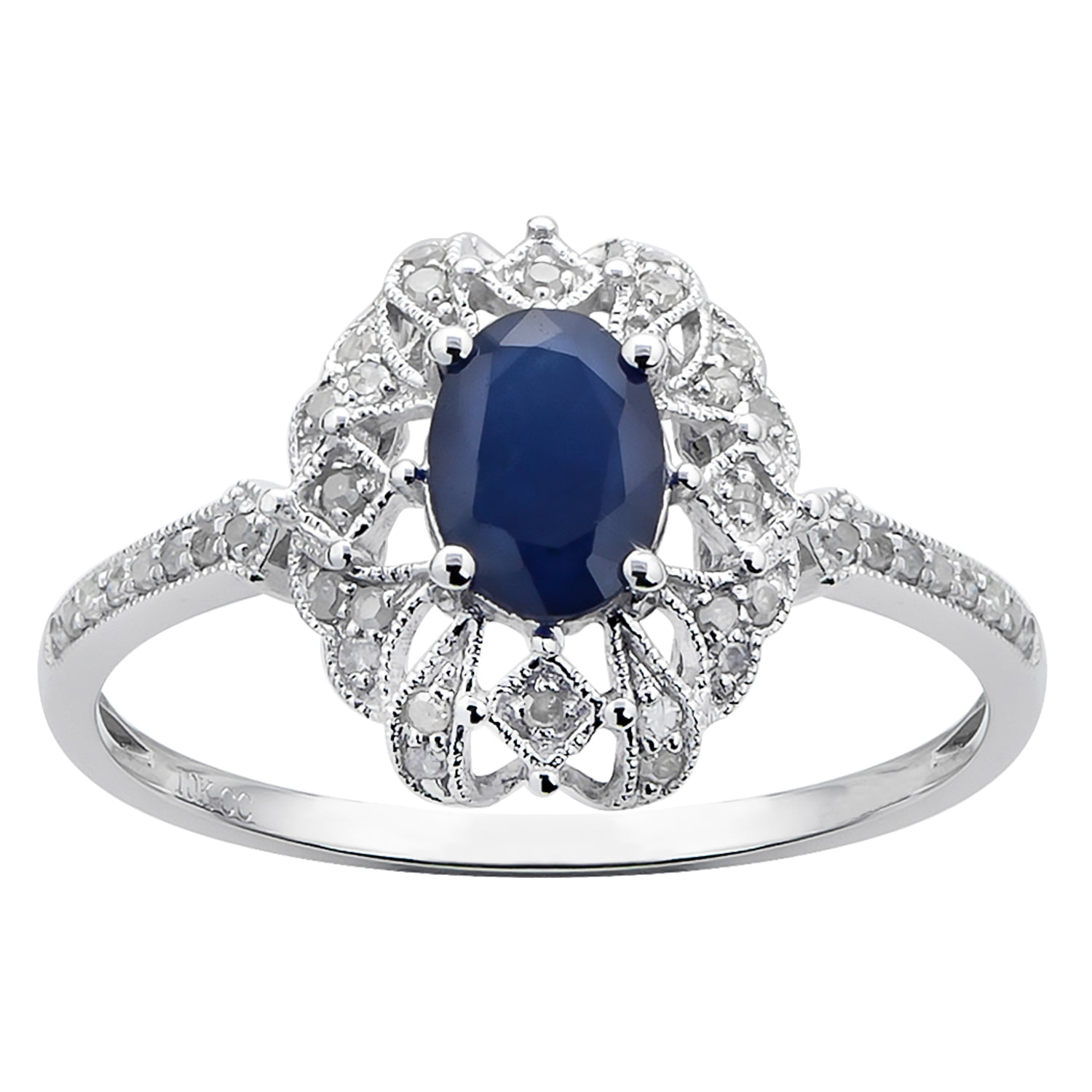White Gold Genuine Vintage Style Sapphire and Diamond Ring 