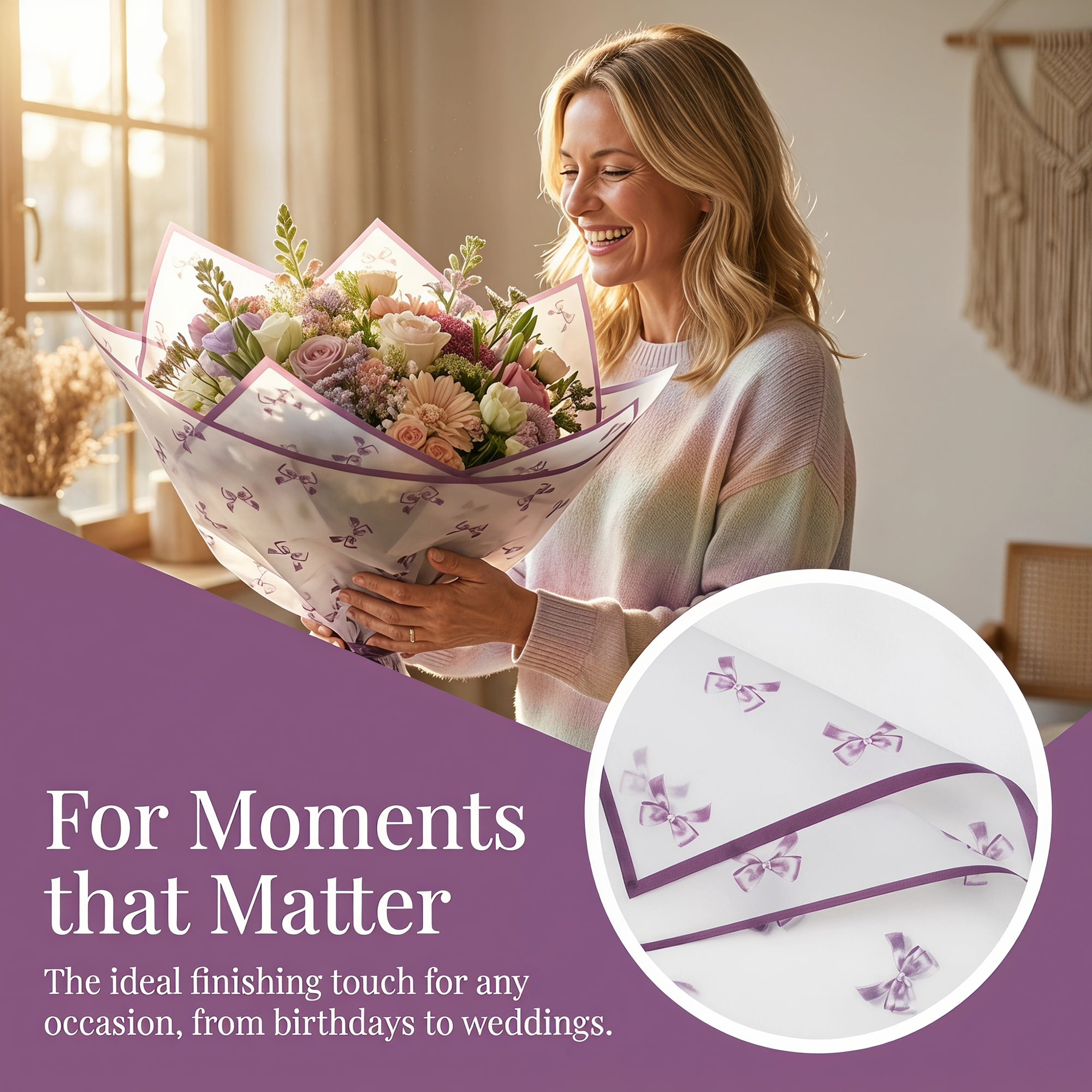 Unique Bargains Waterproof Luxury Matte Gift Wrapping Paper for Bouquet Purple 21.3"x21.3"