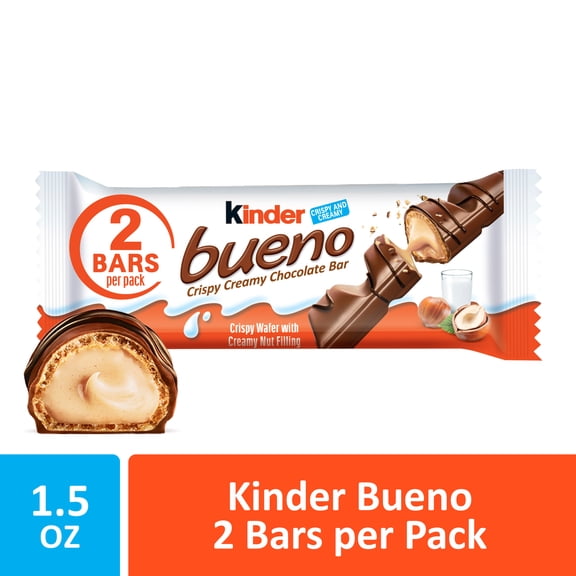 Kinder Bueno Milk Chocolate Bars with Crispy Wafer and Hazelnut Cream, 30 Count, 2 Bars per Pack, 1.5 oz Each