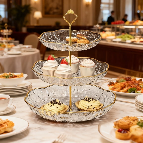 PONPRNGY 3 Tier Cupcake Stand Bulk Tiered Dessert Stand Thick Plastic Serving Tray with Gold Edges Dessert Table Display Set Tea Cake Holder for Wedding Birthday Party