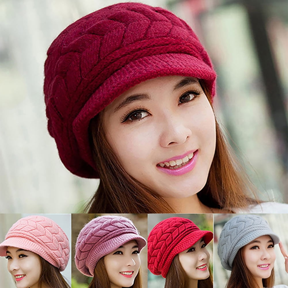 Warm Winter Visor Knit Hats Choice of Solid Colors Cuffed 