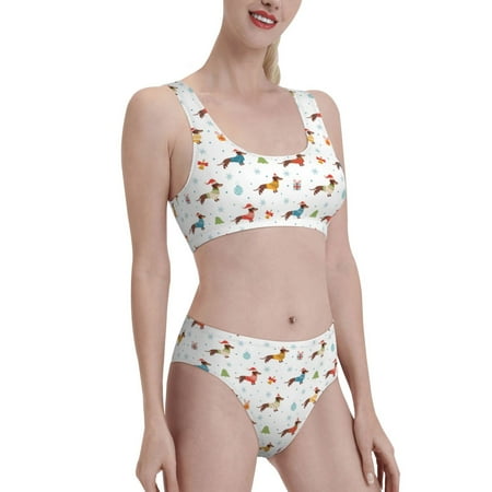Uemuo winter Snowflake Dachshund Printed Women s High Waisted Bikini Sets Sporty Two Piece Swimsuits Color Block Cheeky High Cut Bathing Suits-Small