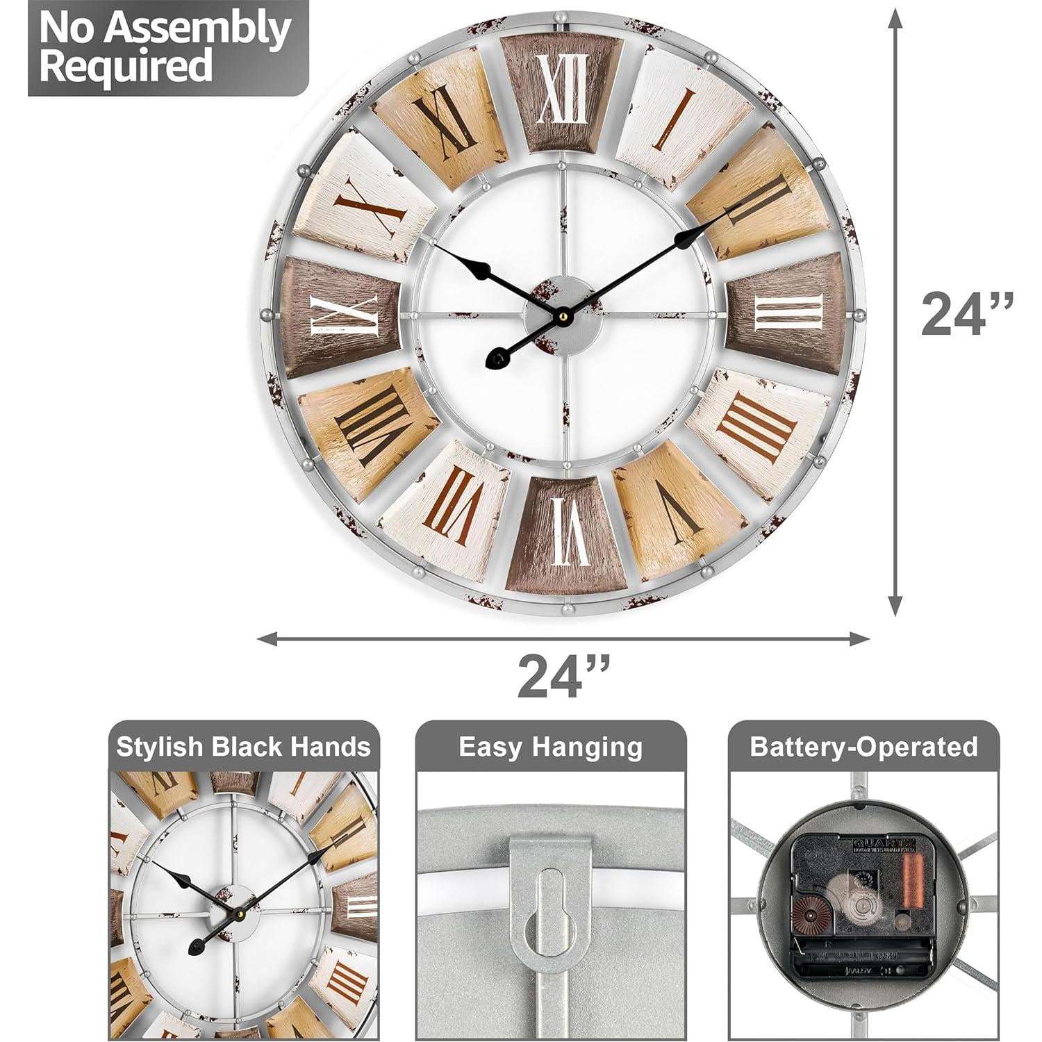 Sorbus 24" Roman Numeral Industrial Metal Wall Clock, Large Round Home Décor