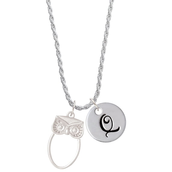 Delight Jewelry Silvertone Large Owl Outline Silvertone Script Initial Disc - Q - Charm Necklace, 20"+3"