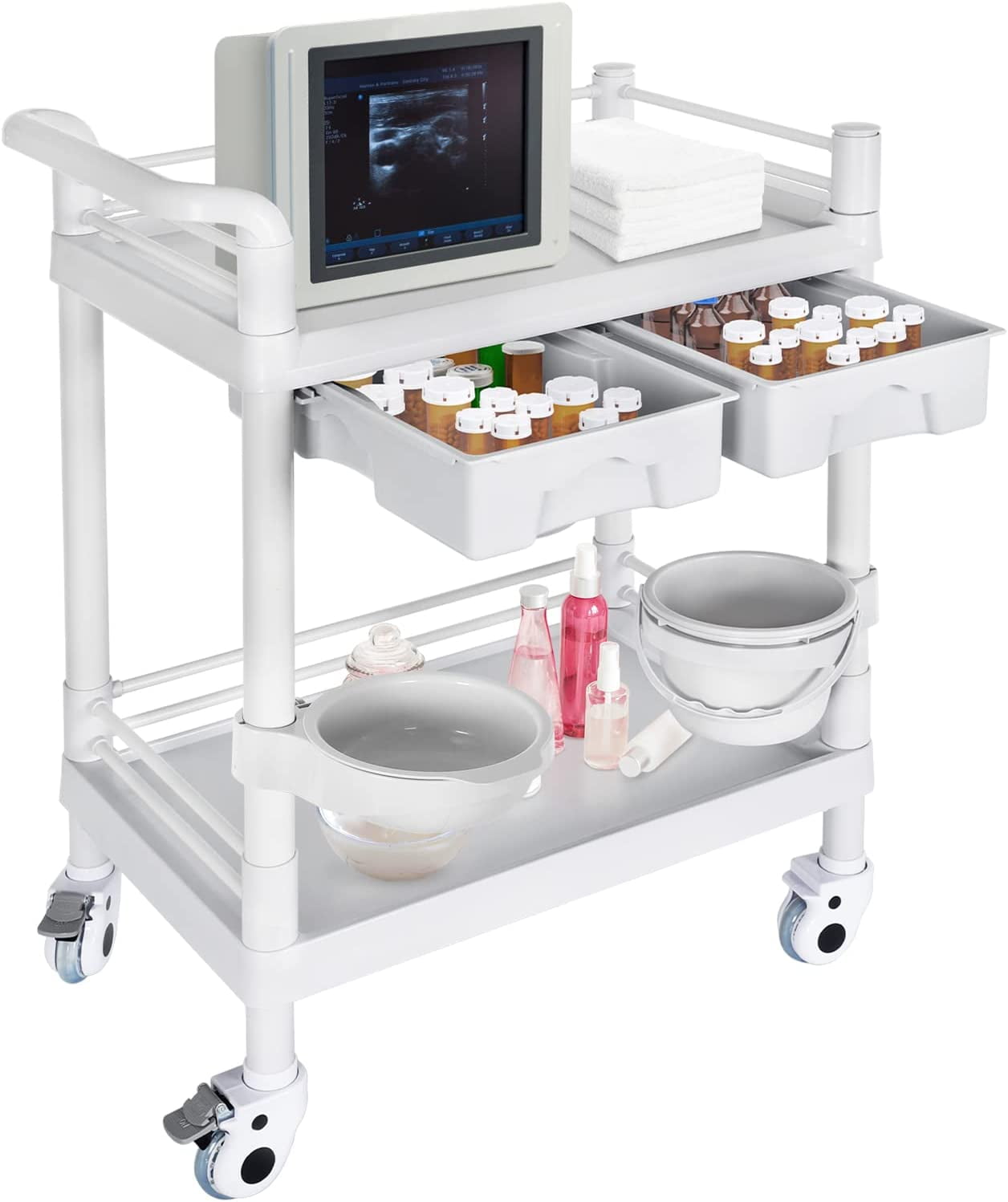 Medical Mobile Trolley Cart 2Shelf 330 LBS Max Load Rolling Utility