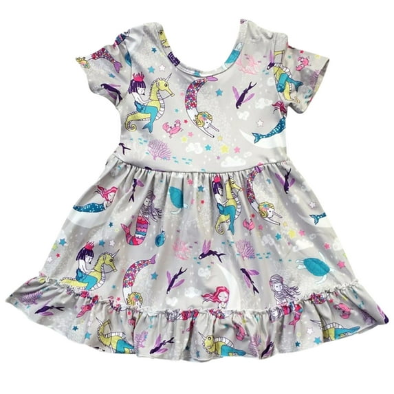 Toddler Girls Lovely Short Sleeve Mermaid Party Birthday Summer Girl Dress Grey 2T XS (P201326P)
