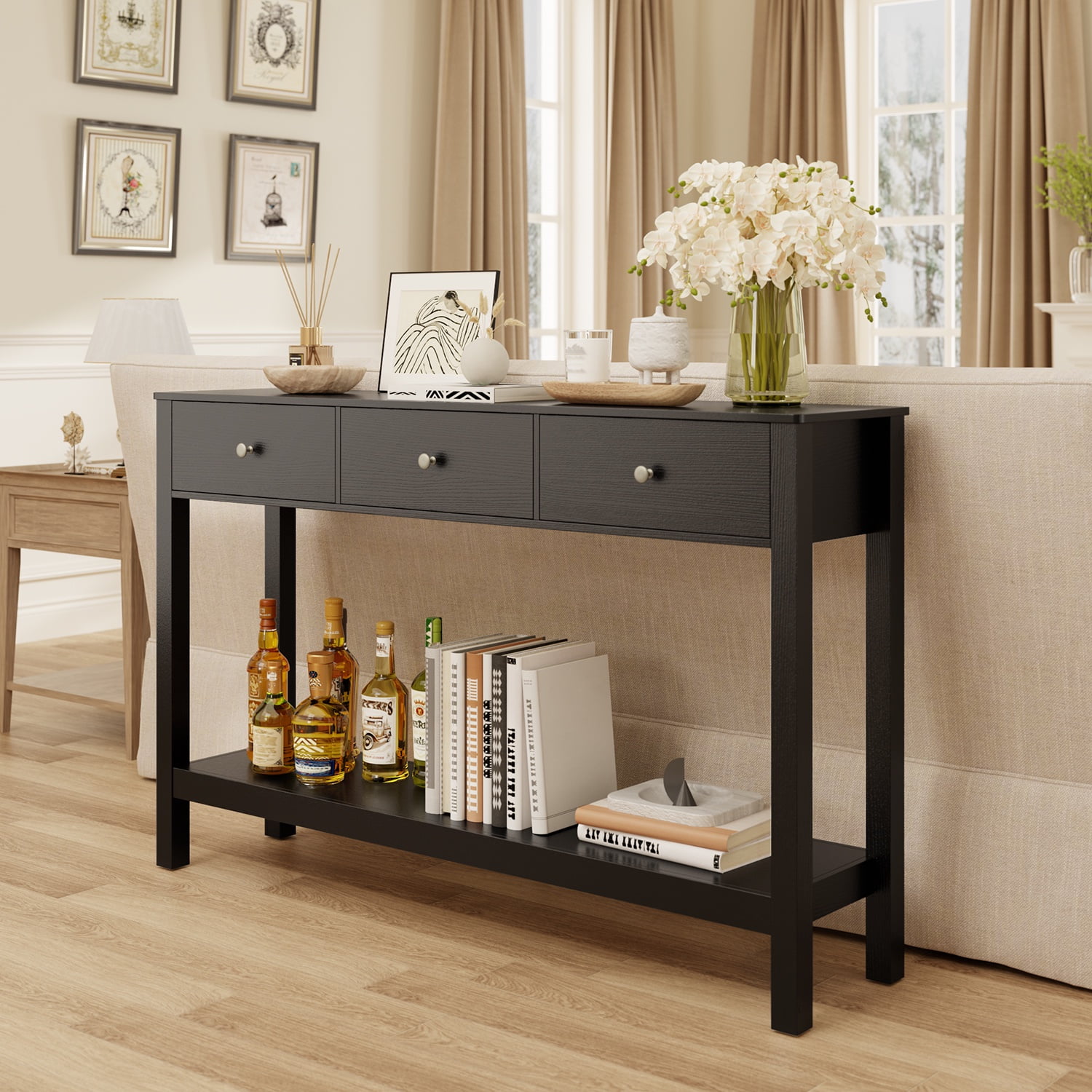 Asofer 3 Drawer Wooden Sofa Table, Modern Accent Console Table with Metal Round Handles for Entrance Hall, Black