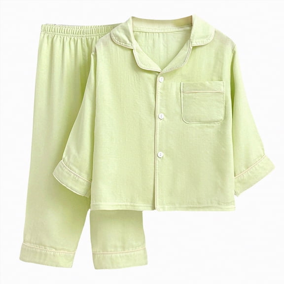 CAICJ98 Girls Boys Button Down Pajamas Sets Todder Cotton Long Sleeve Warm Fall Winter Sleepwear Pjs Teens Solid Shirts and Pants Boy Girl Pajama Set,(Green,3-4 Years)