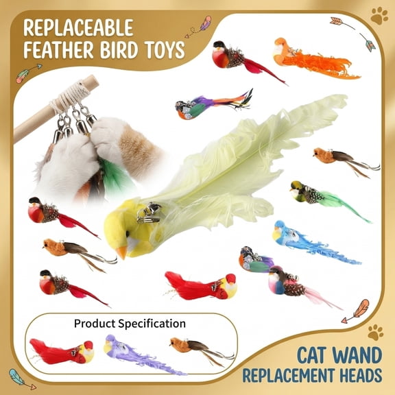 Cat Teaser Wand Replacement Head Bird Bell Attachment Suction Cup Cat Play Refill Feather Plush Fabric Pattern Random Cut