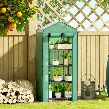 Outsunny 4 Tier Mini Greenhouse with Screen Roof, 27.6" x 19.7" x 62.2", Portable Small Greenhouse with High Strength PE Cover, Green