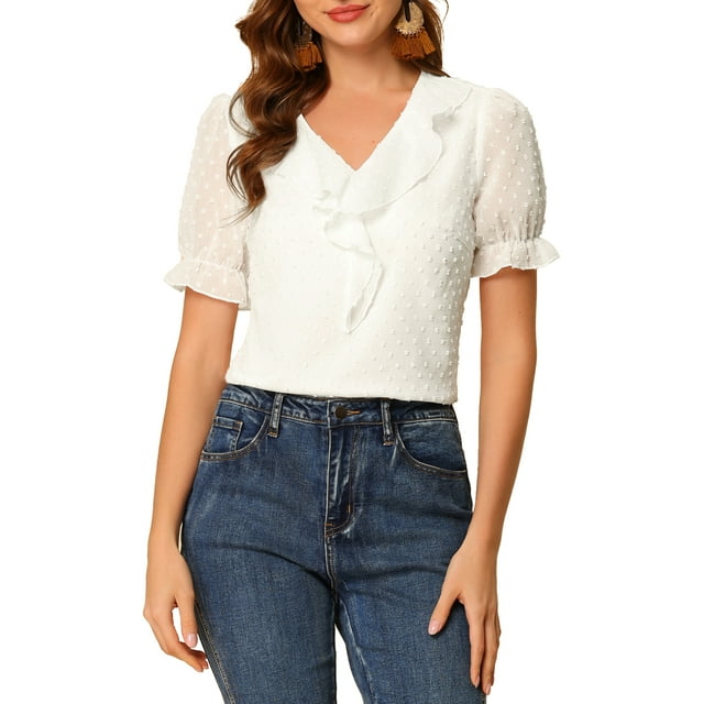INSPIRE CHIC Women's Swiss Dots Ruffle V Neck Short Sleeve Chiffon Peasant Blouse Top White L
