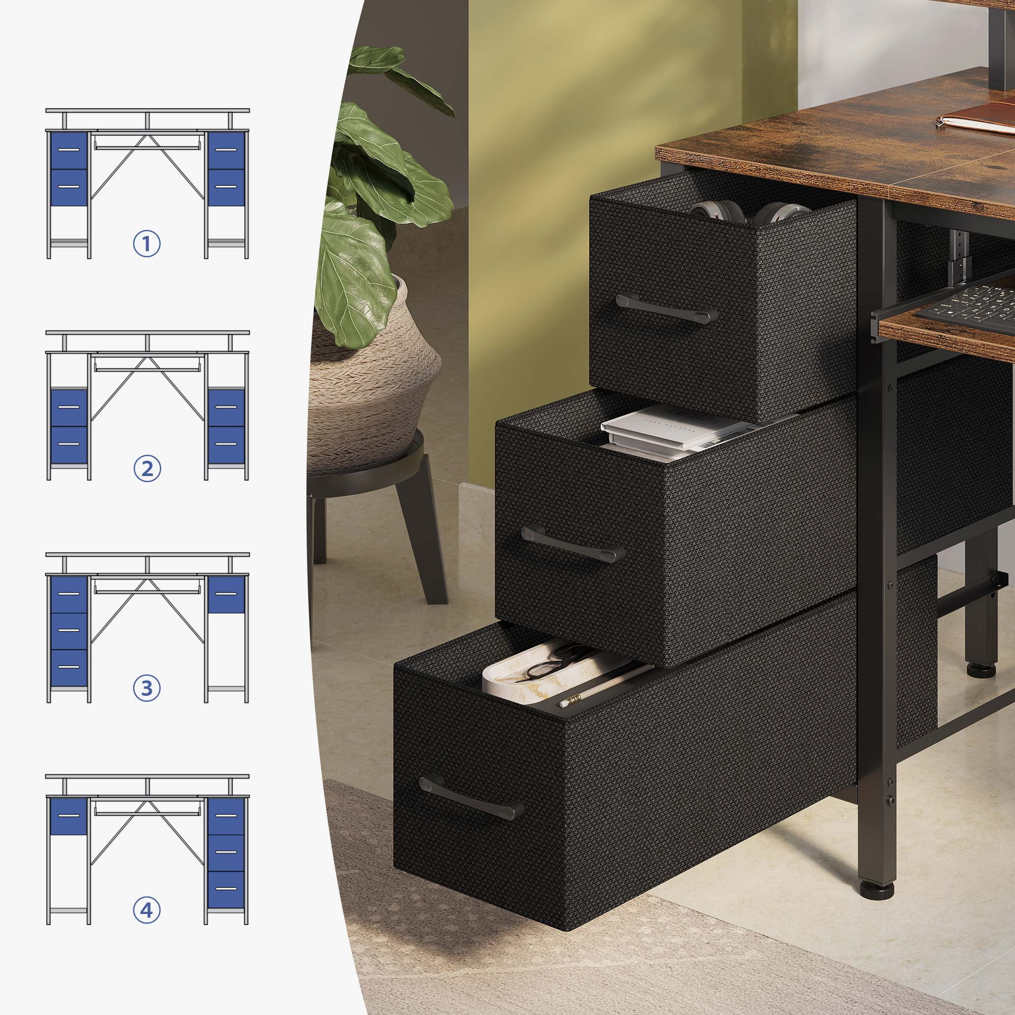 Greenstell 55 inch Gaming Desk with LED Lights, I-Shaped Computer Desk with Storage Drawers, Outlets and Monitor Stand,Home Office Desk, Rustic Brown