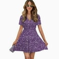 thumbnail image 2 of Dark Purple Glitter Women Dress V-Neck Short Sleeve Flowy Swing Party Midi Dress, 2 of 4