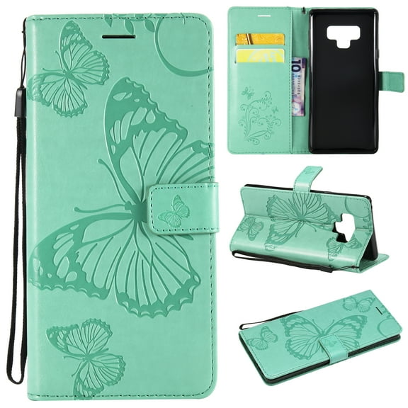 Note 9 Case, Samsung Galaxy Note 9 Case - Allytech Premium Wallet PU Leather with Fashion Embossed Floral Butterfly Magnetic Clasp Card Holders Flip Cover with Hand Strap, Green