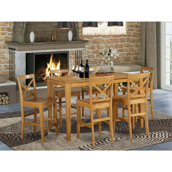 East West Furniture CAPU7H-OAK-W 7 Piece Pub Table Set- Table and 6 Kitchen Bar Stool