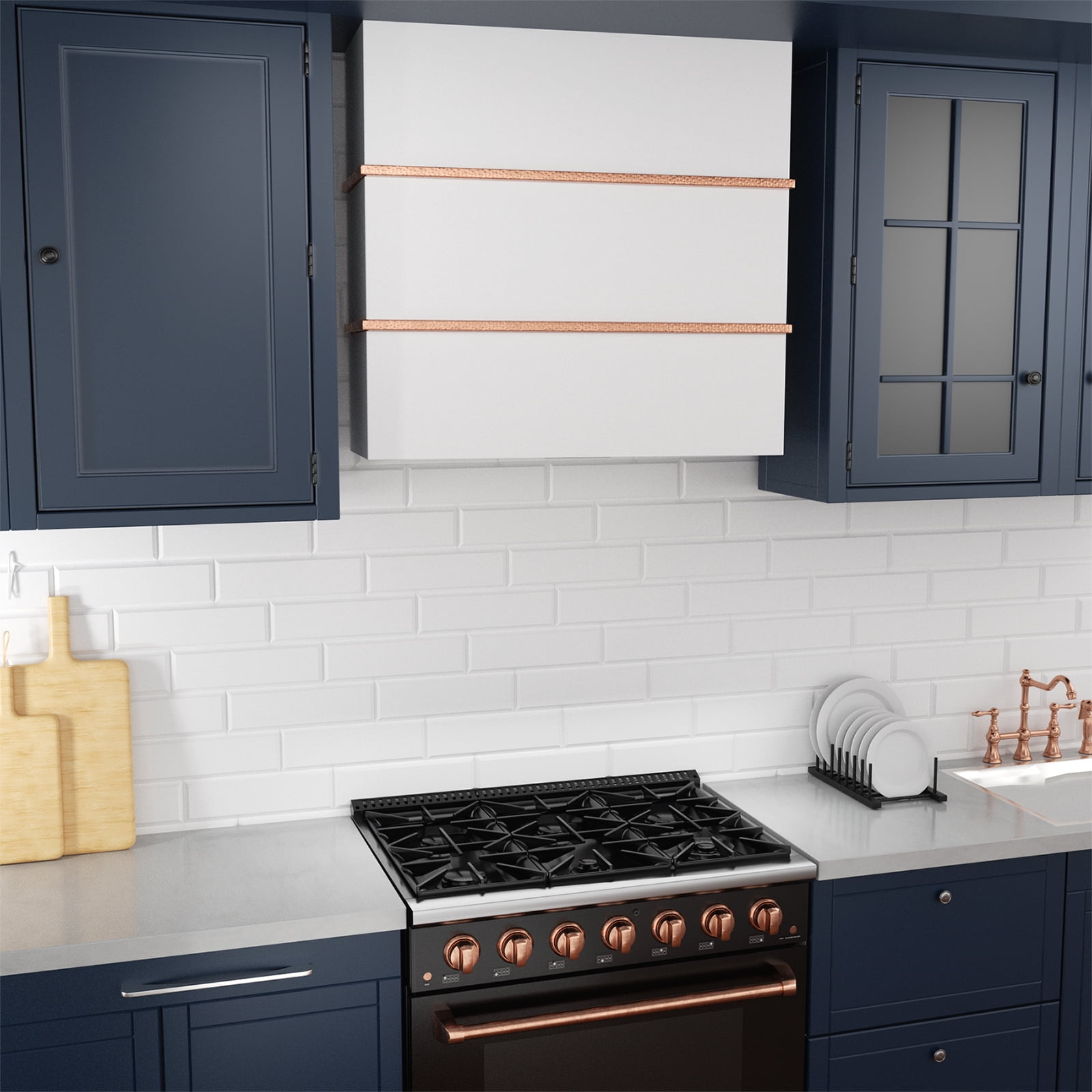 Akicon 30 inch Kitchen Range Hood with 600 CFM, Stainless Steel Wall Mounted Ducted Range Hood, 3 Speed Fan with LED Light, Powerful Vent Motor, Signal White with Copper