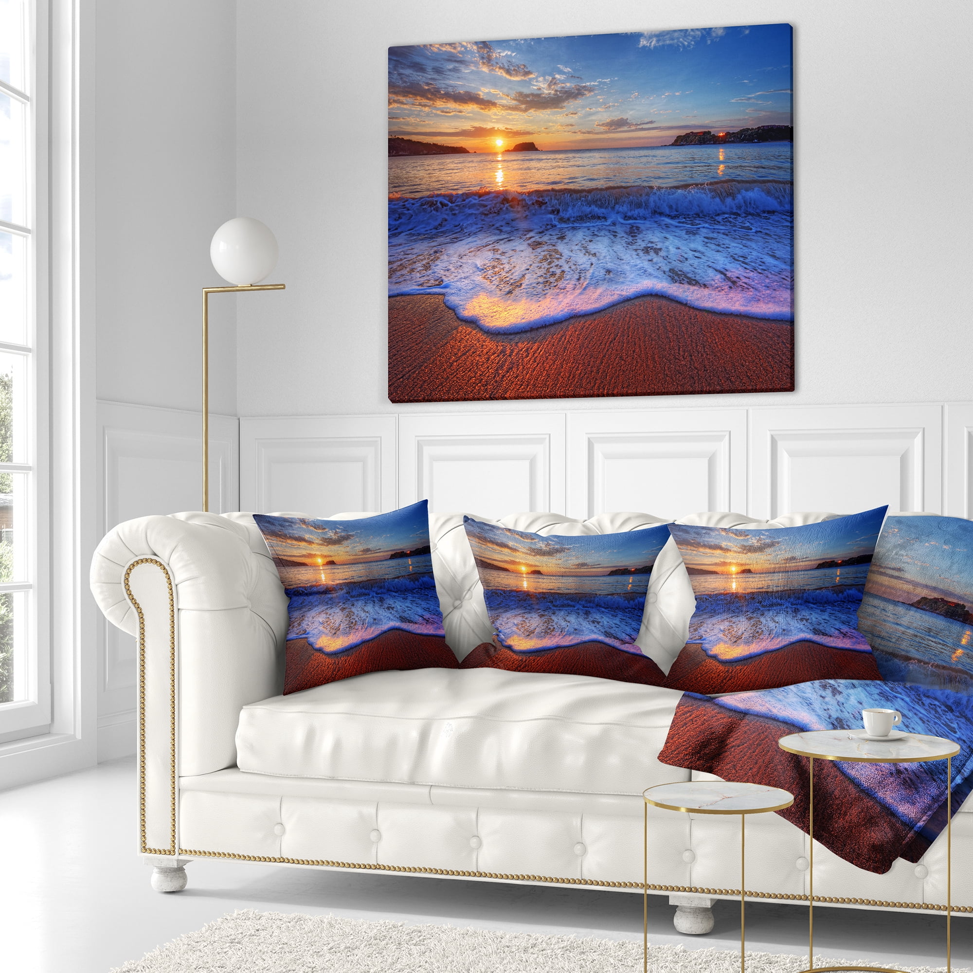 Designart Blue Waves on Sandy Beach - Seashore Throw Pillow - 18x18